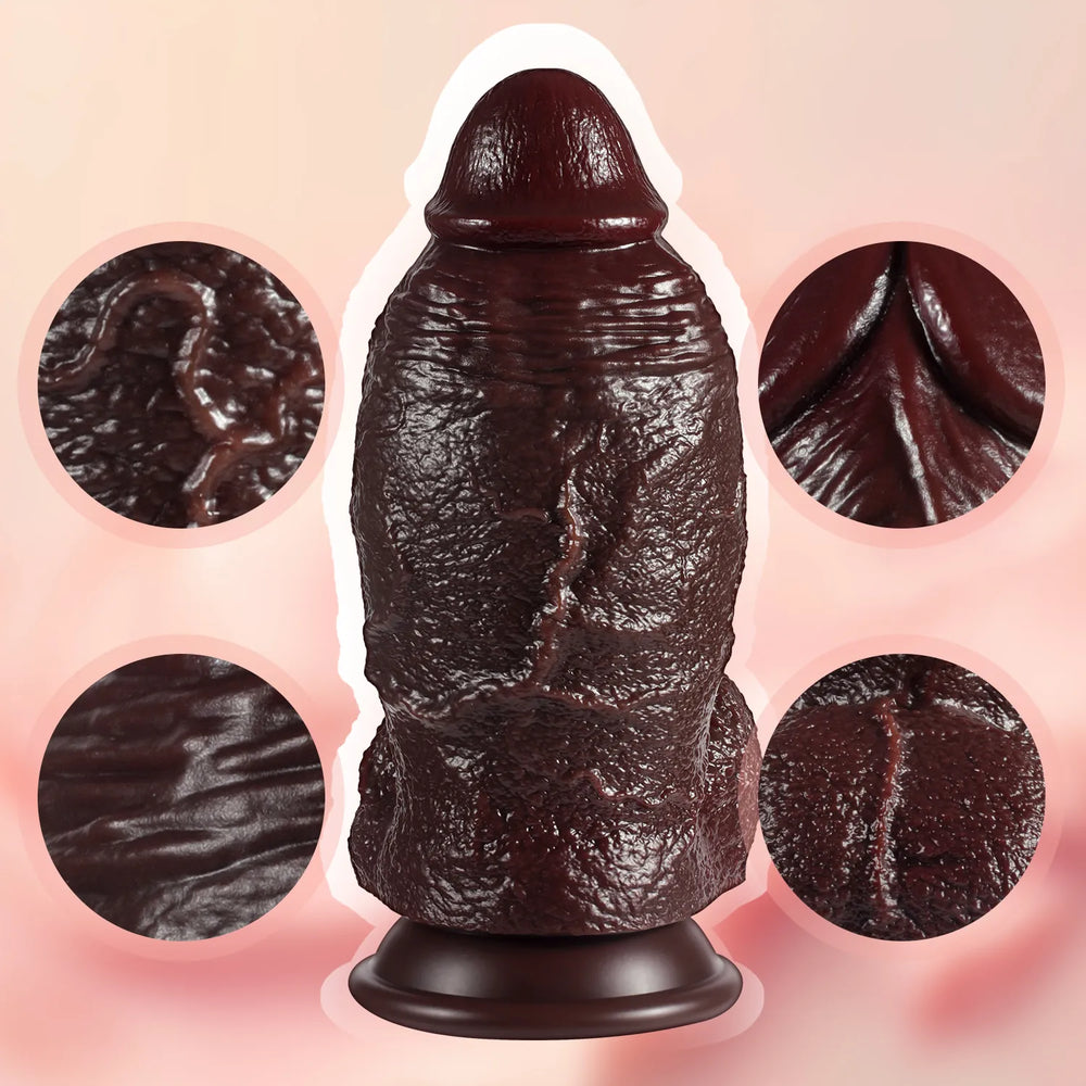 Side profile of the massive girth brown silicone dildo highlighting its thick veiny shaft