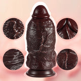 Side profile of the massive girth brown silicone dildo highlighting its thick veiny shaft