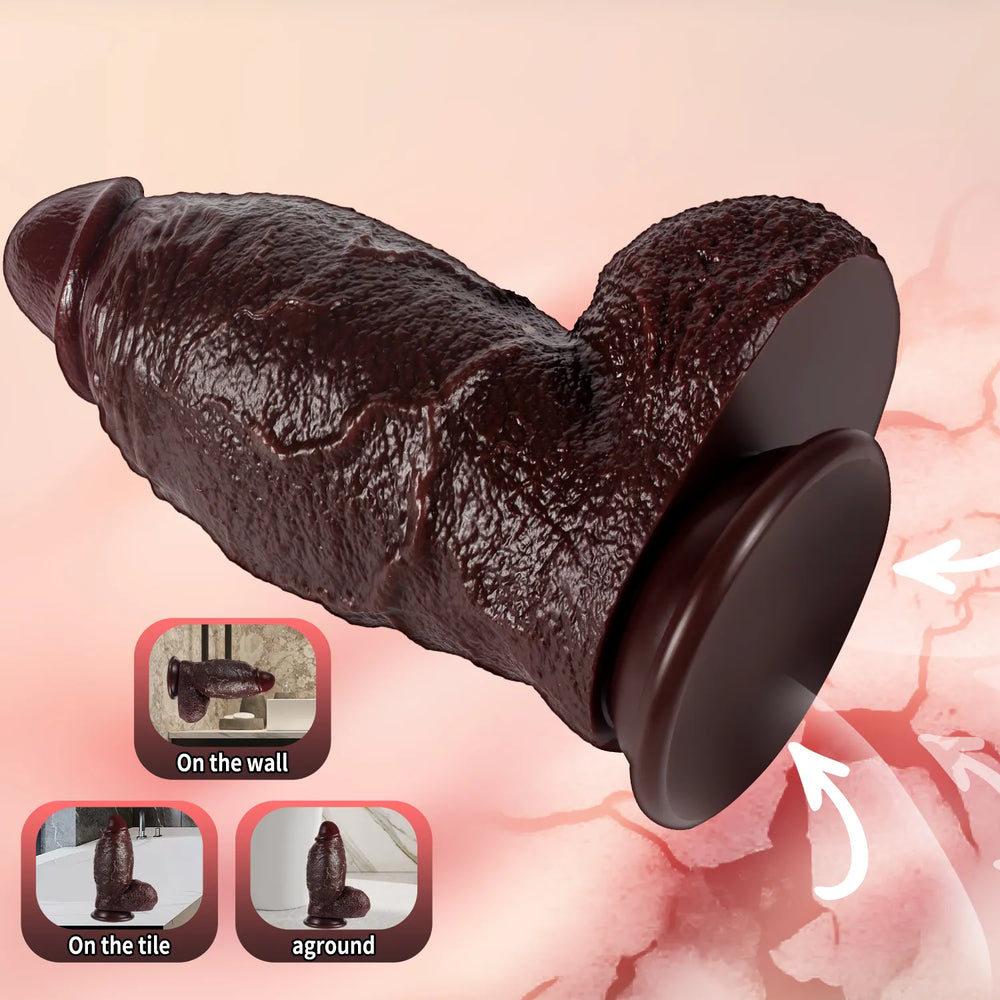 Detailed glans and prominent coronal ridge of the thick brown realistic adult toy