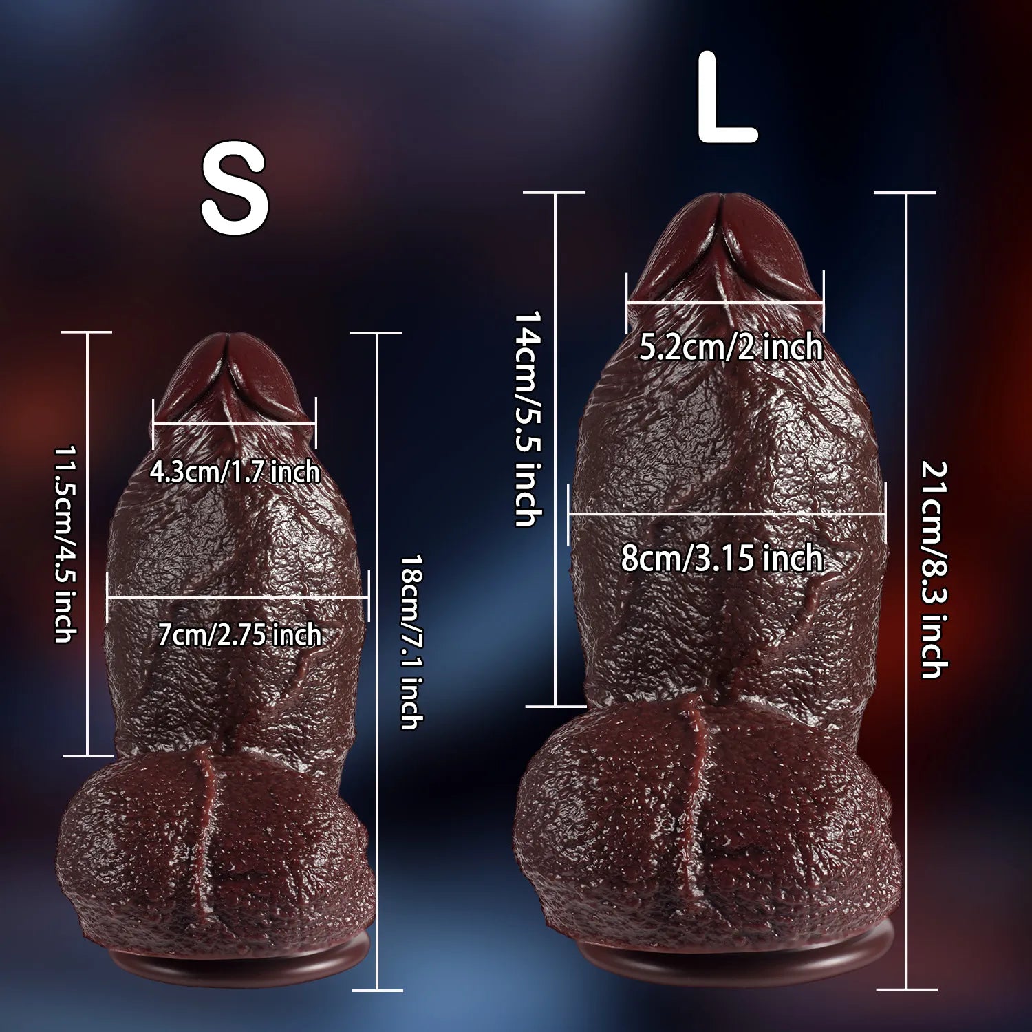 Highly realistic skin folds and bulging veins along the extremely thick shaft of the dark silicone dildo