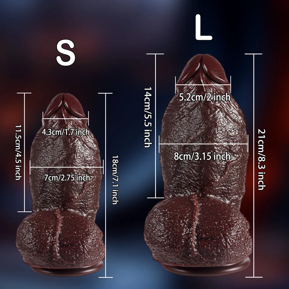 Highly realistic skin folds and bulging veins along the extremely thick shaft of the dark silicone dildo