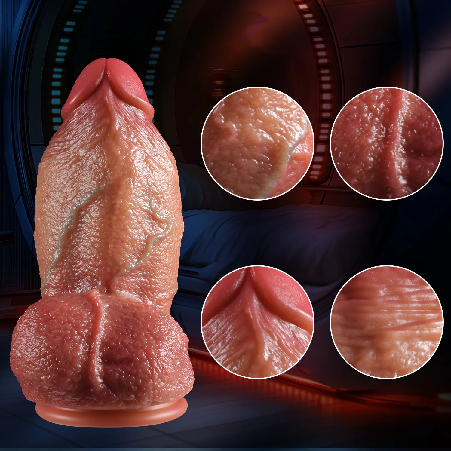 Side profile of the extreme stretching silicone dildo showing its thick shaft and lifelike veins