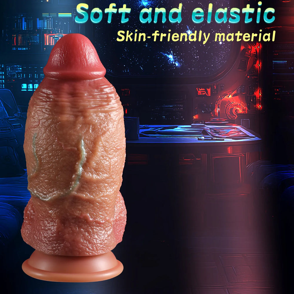 Lifelike bluish veins and wrinkled skin texture along the wide shaft of the massive silicone dildo