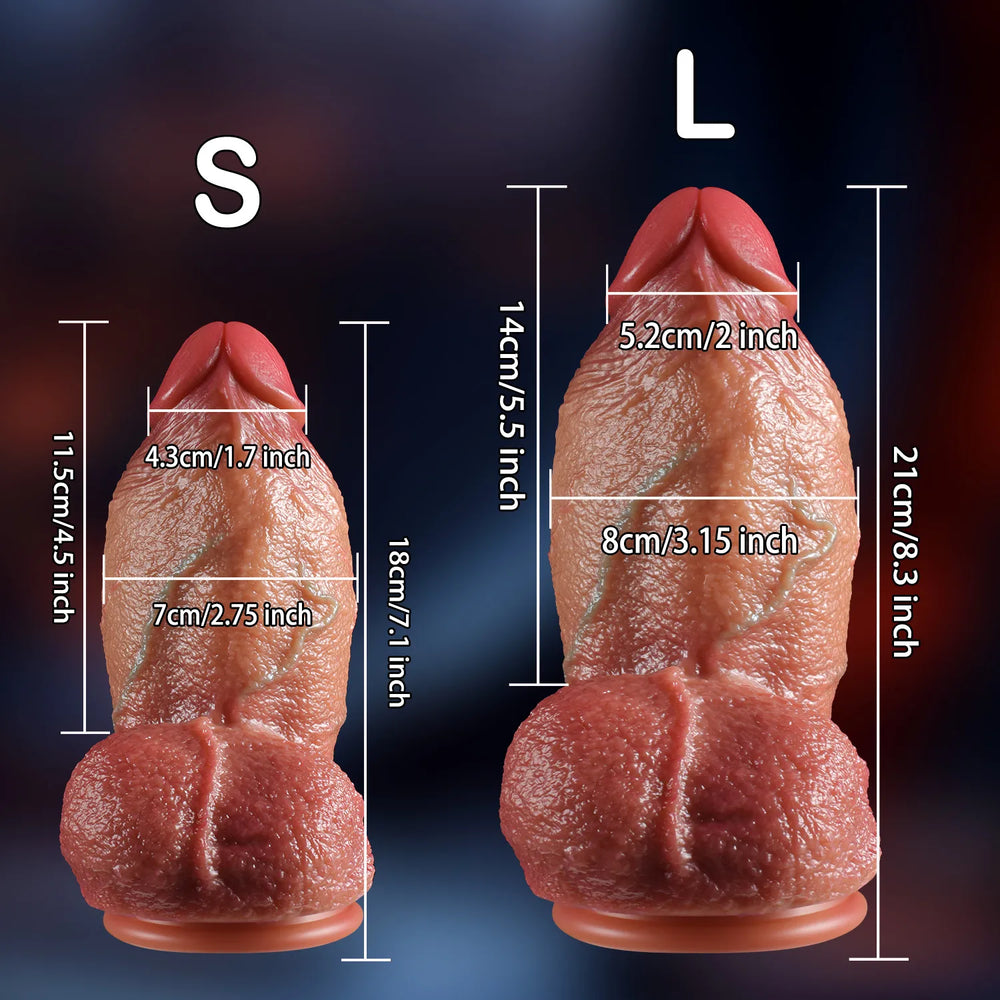 Angled view highlighting the bulky shape and intense stretching capability of the 8-inch realistic dildo