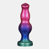 An 8-inch canine-style silicone dildo with a stunning magenta, purple, blue, and emerald green gradient