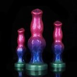 Close-up of an 8-inch metallic shimmer animal phallus with an anatomically inspired flared tip
