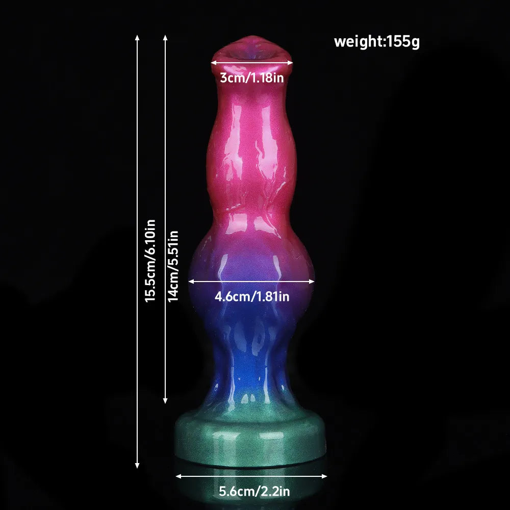 A studio shot of a multi-colored pearlescent canine dildo with a smooth shaft and a solid suction cup base