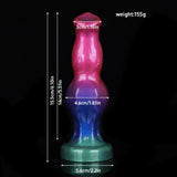 A studio shot of a multi-colored pearlescent canine dildo with a smooth shaft and a solid suction cup base