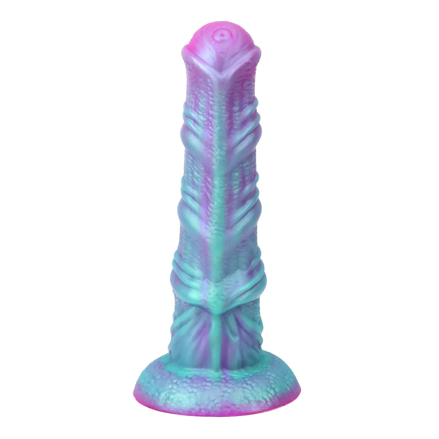 An 8-inch silicone horse-inspired dildo with a unique spiraled texture and a vibrant purple and teal gradient finish