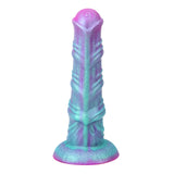 An 8-inch silicone horse-inspired dildo with a unique spiraled texture and a vibrant purple and teal gradient finish