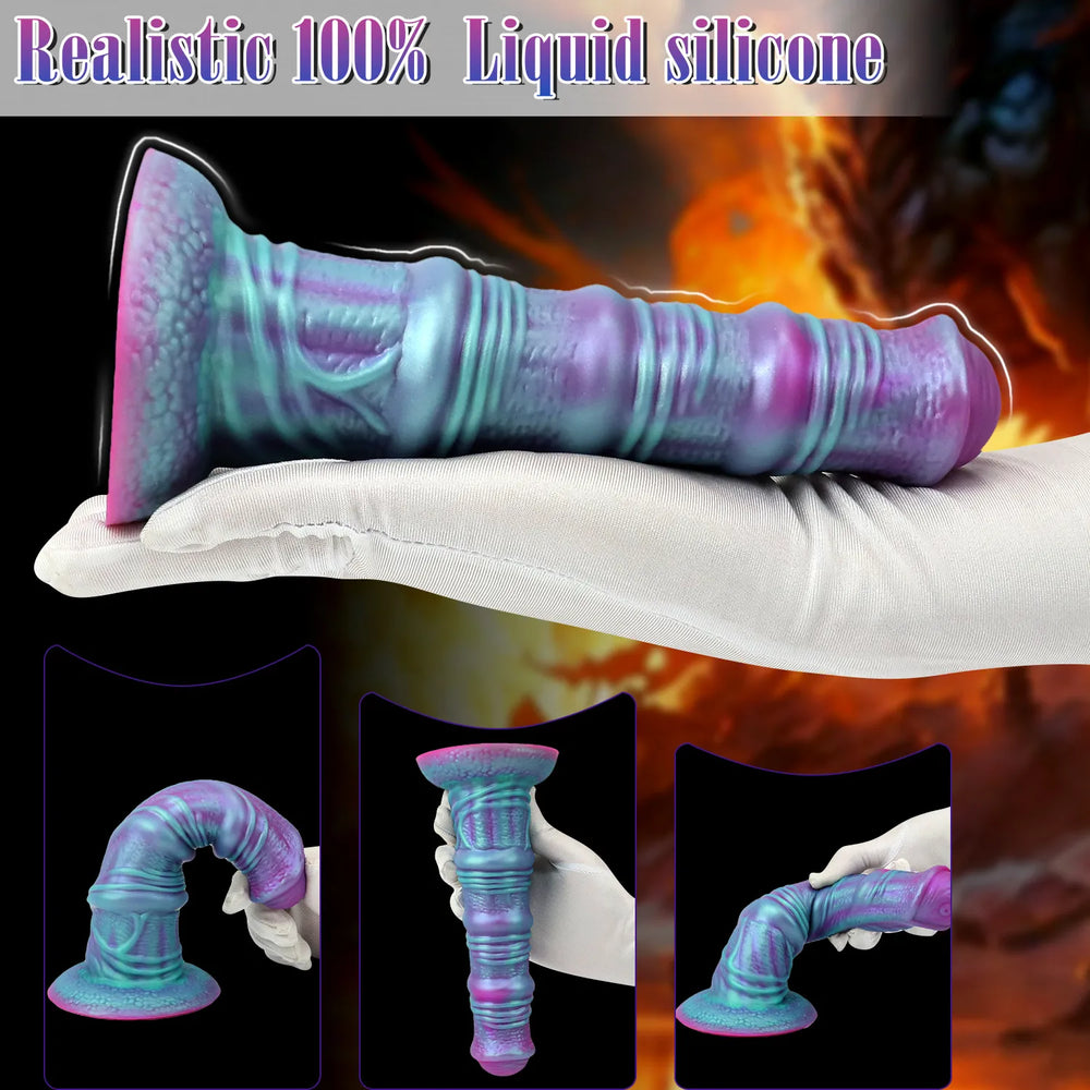 Full-length view of an 8-inch textured silicone pleasure toy, showcasing its intricate, spiraling surface pattern and stable base