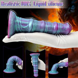 Full-length view of an 8-inch textured silicone pleasure toy, showcasing its intricate, spiraling surface pattern and stable base