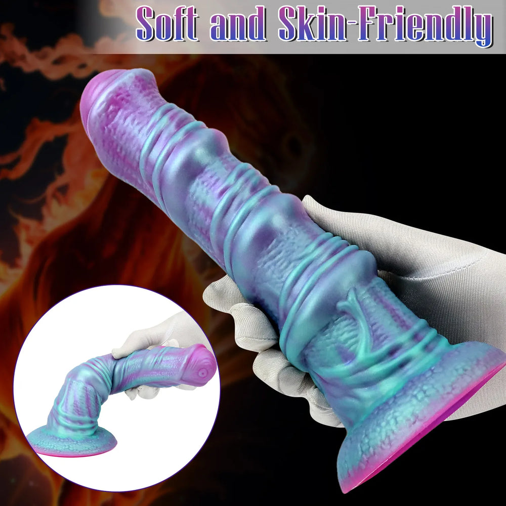 Side-profile shot of an 8-inch gradient horse-style dildo, highlighting its elongated, textured structure and wide, flared base