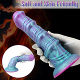 Side-profile shot of an 8-inch gradient horse-style dildo, highlighting its elongated, textured structure and wide, flared base