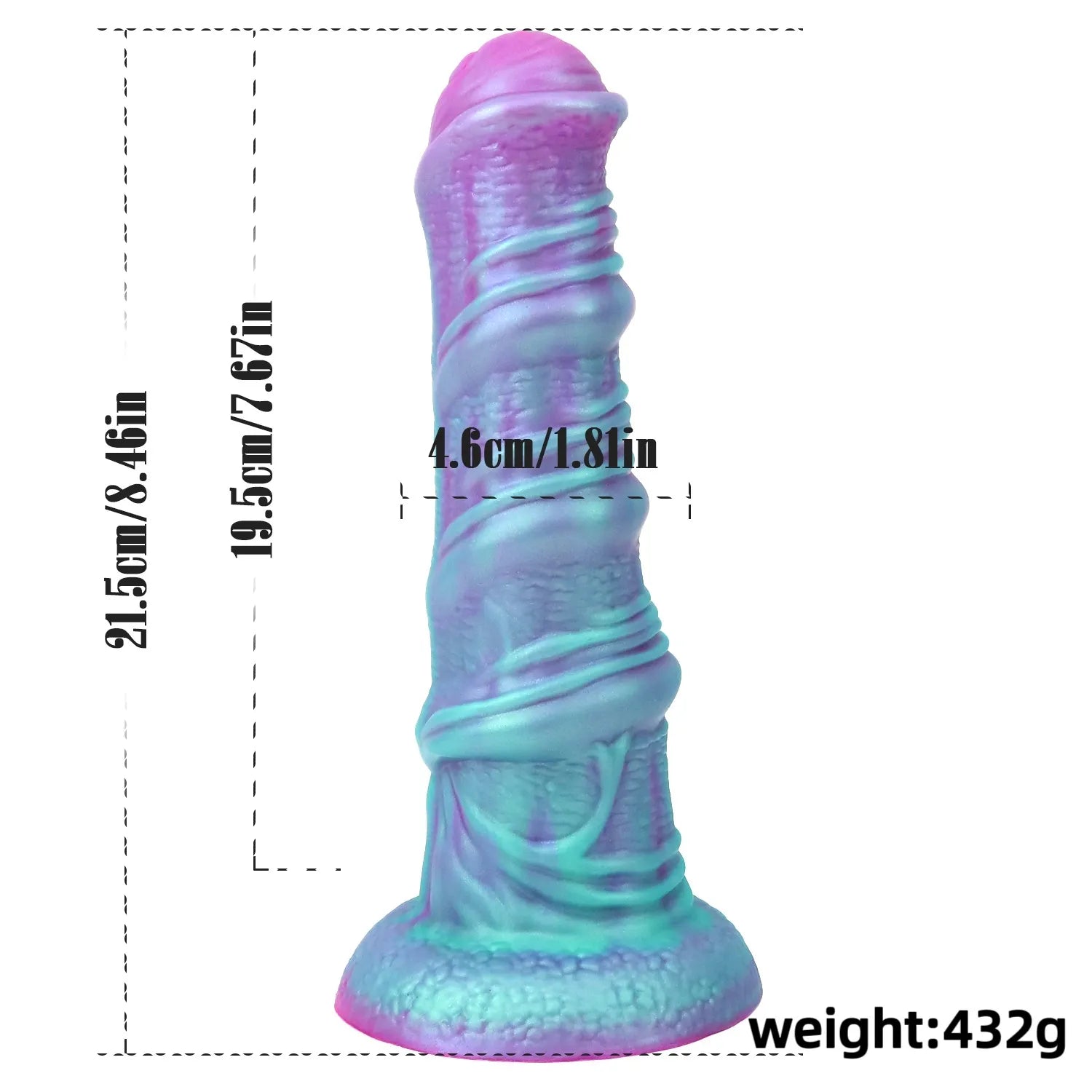 This 8-inch silicone dildo offers a unique equine-inspired form with a rhythmic, spiraling pattern, perfect for collectors