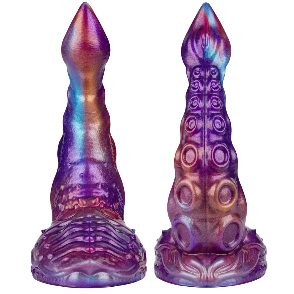 8-inch tapered tentacle dildo in an iridescent mixed color finish, featuring detailed octopus suction cups
