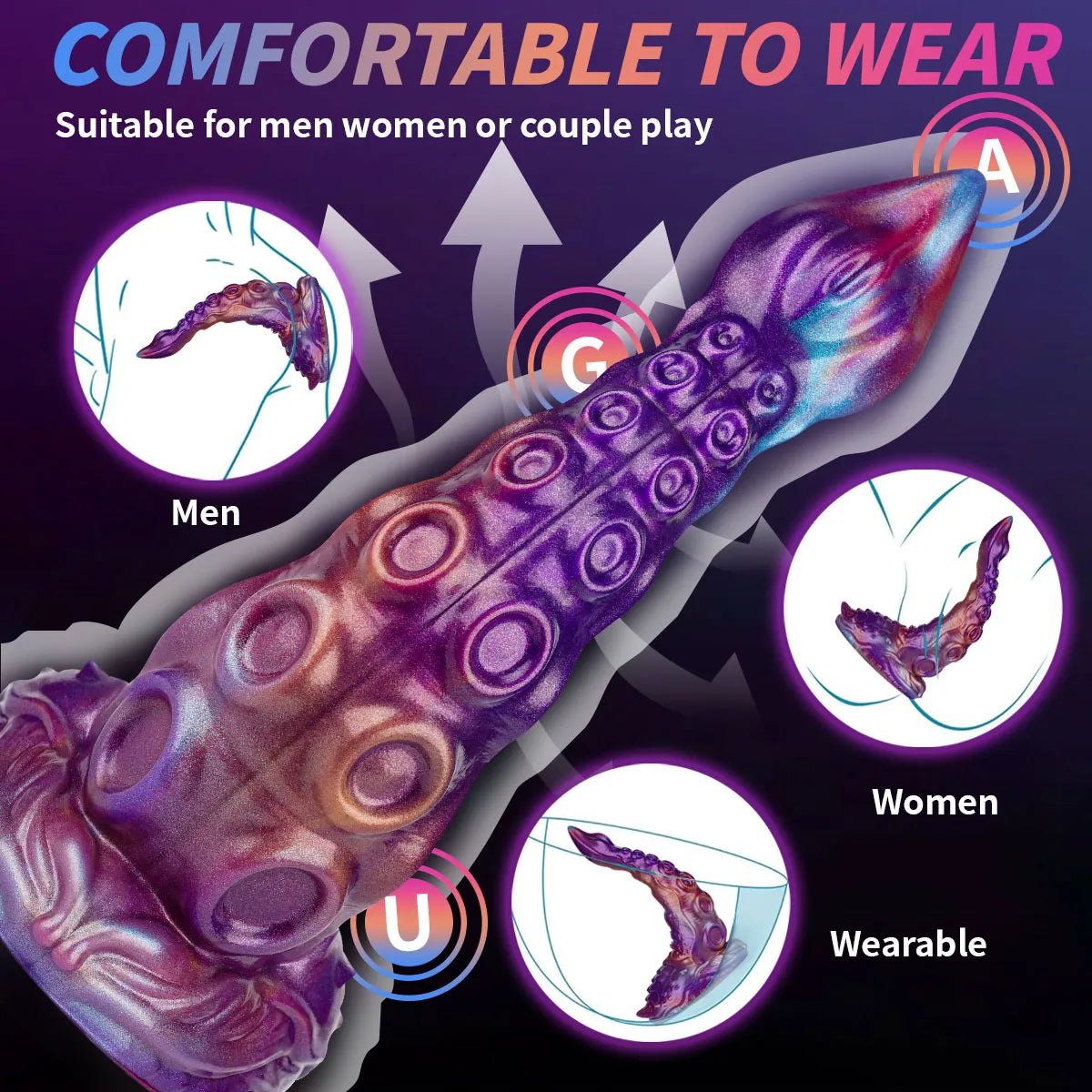 Mixed color octopus tentacle dildo with tapered shape and purple blue gradient