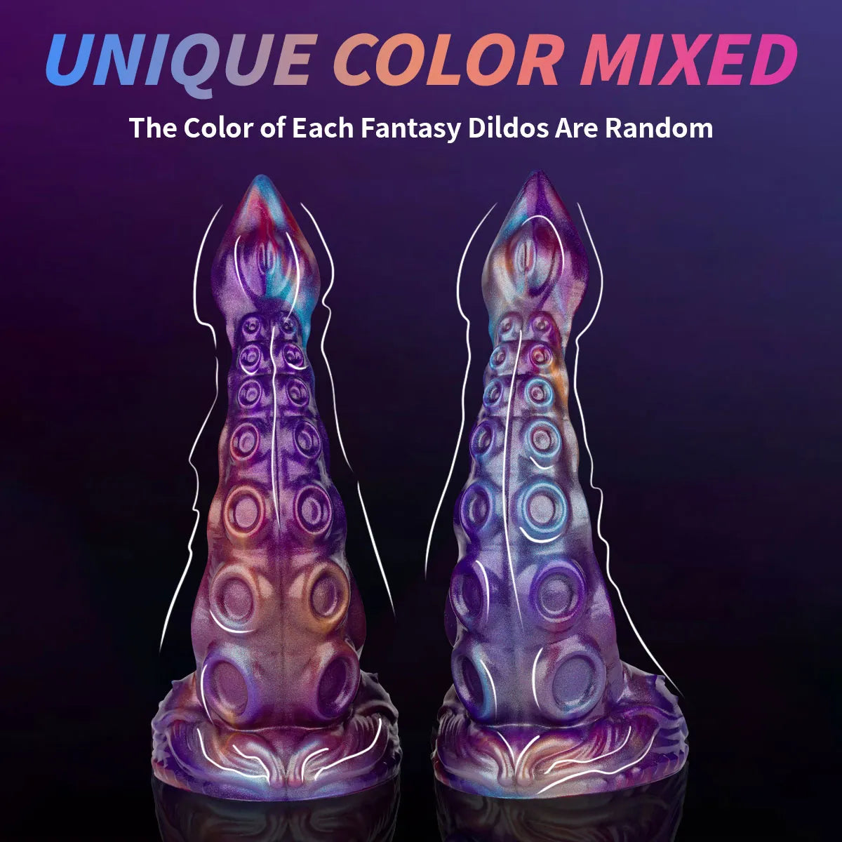 Purple and blue tapered tentacle dildo displayed from two product angles