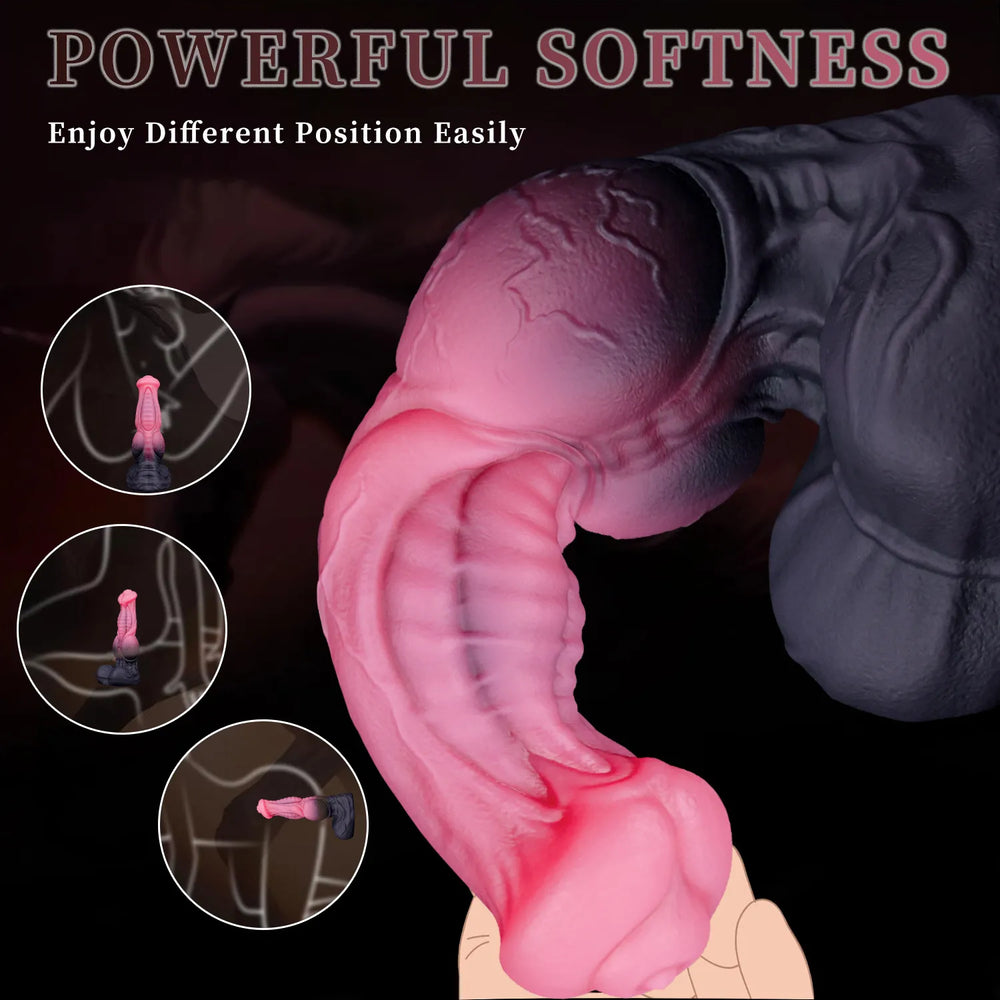 Pink and black silicone horse dildo with spine texture and thick knot shape