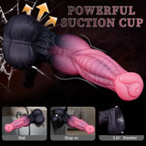 8 inch textured horse dildo with a pink to black gradient and wide base