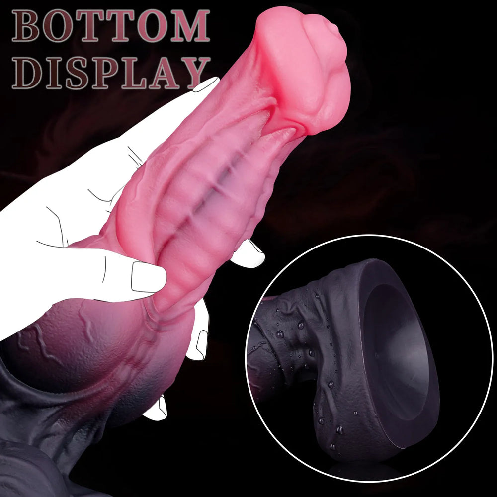 Silicone horse dildo shown in two views with thick knot detail and sculpted texture