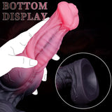 Silicone horse dildo shown in two views with thick knot detail and sculpted texture