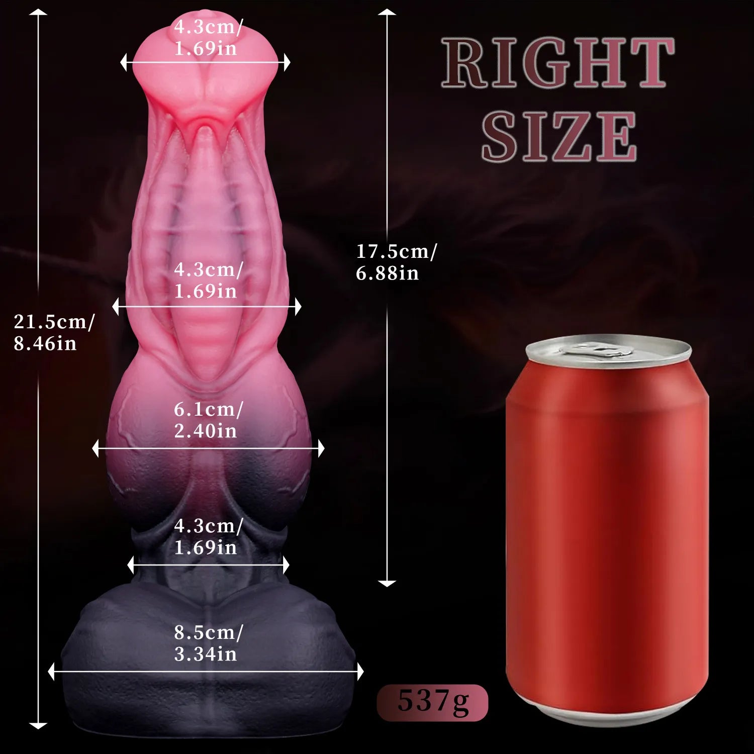 Two-view product image of a pink and black horse dildo with textured detailing