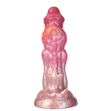 An 8-inch spine textured silicone dragon dildo with a pearlescent rosy pink marbled design