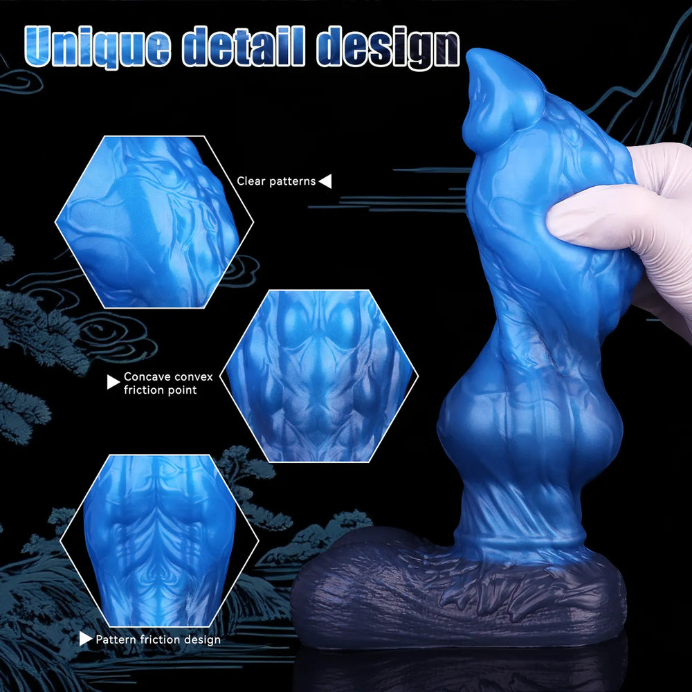Blue dual density silicone wolf dildo with knot shape and black base