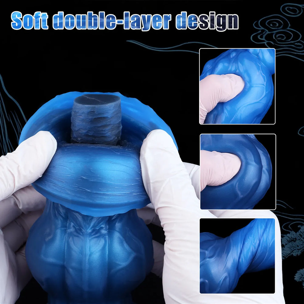 8 inch fantasy wolf dildo with blue silicone body and sculpted black base