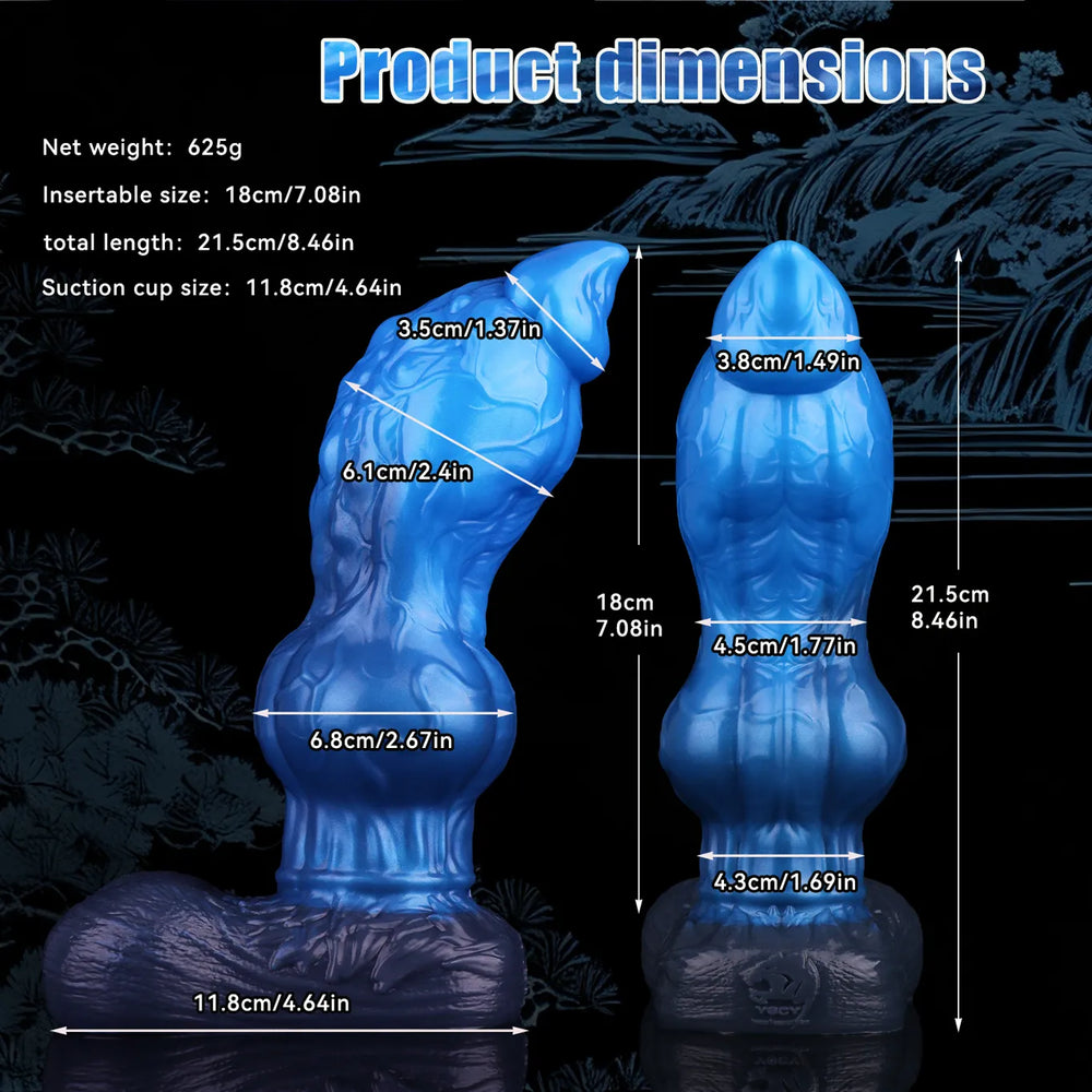 8 inch blue silicone knot dildo with fantasy wolf-inspired design