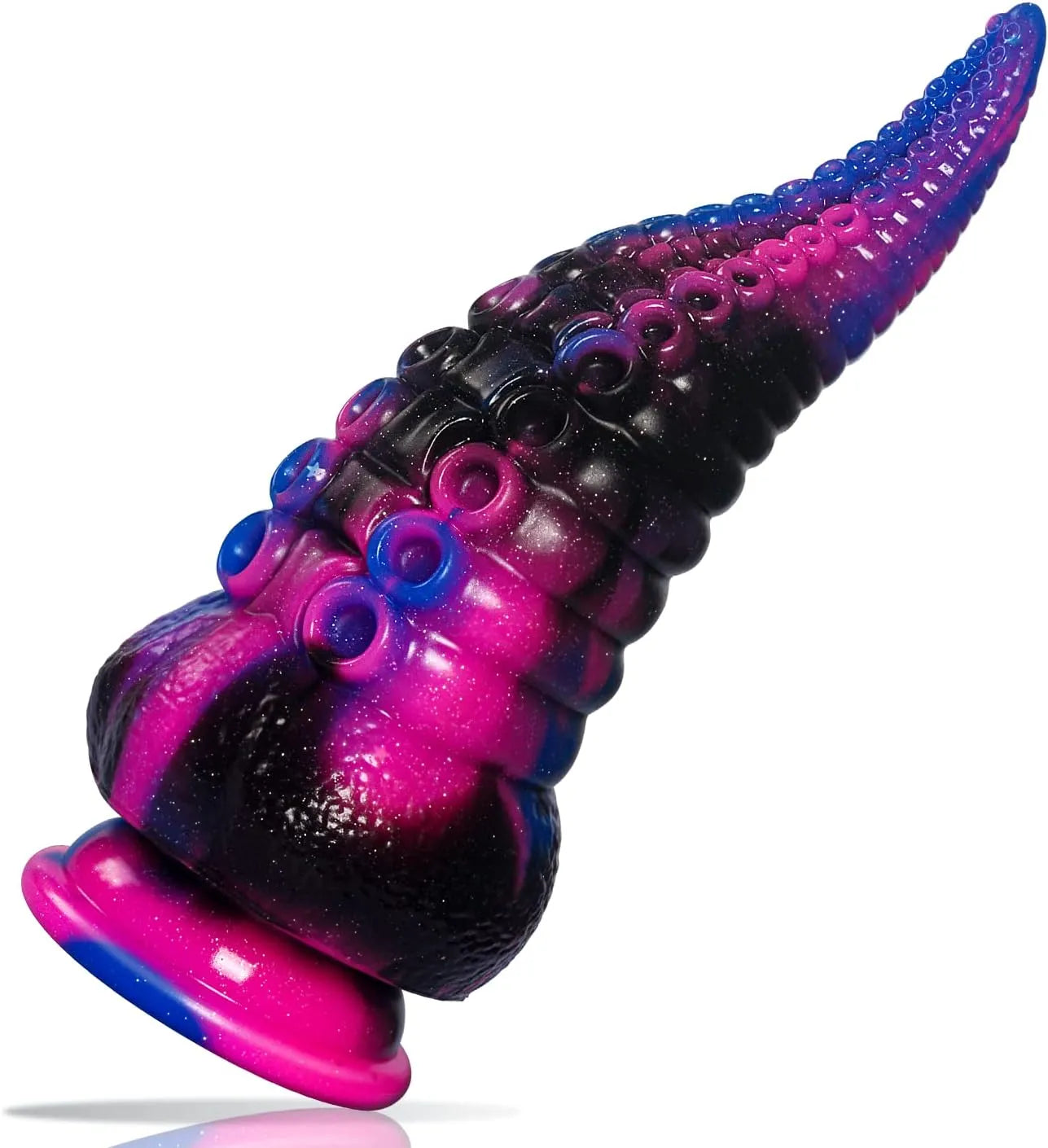 8 inch thick silicone tentacle dildo in pink, black, and blue with raised suction cup details