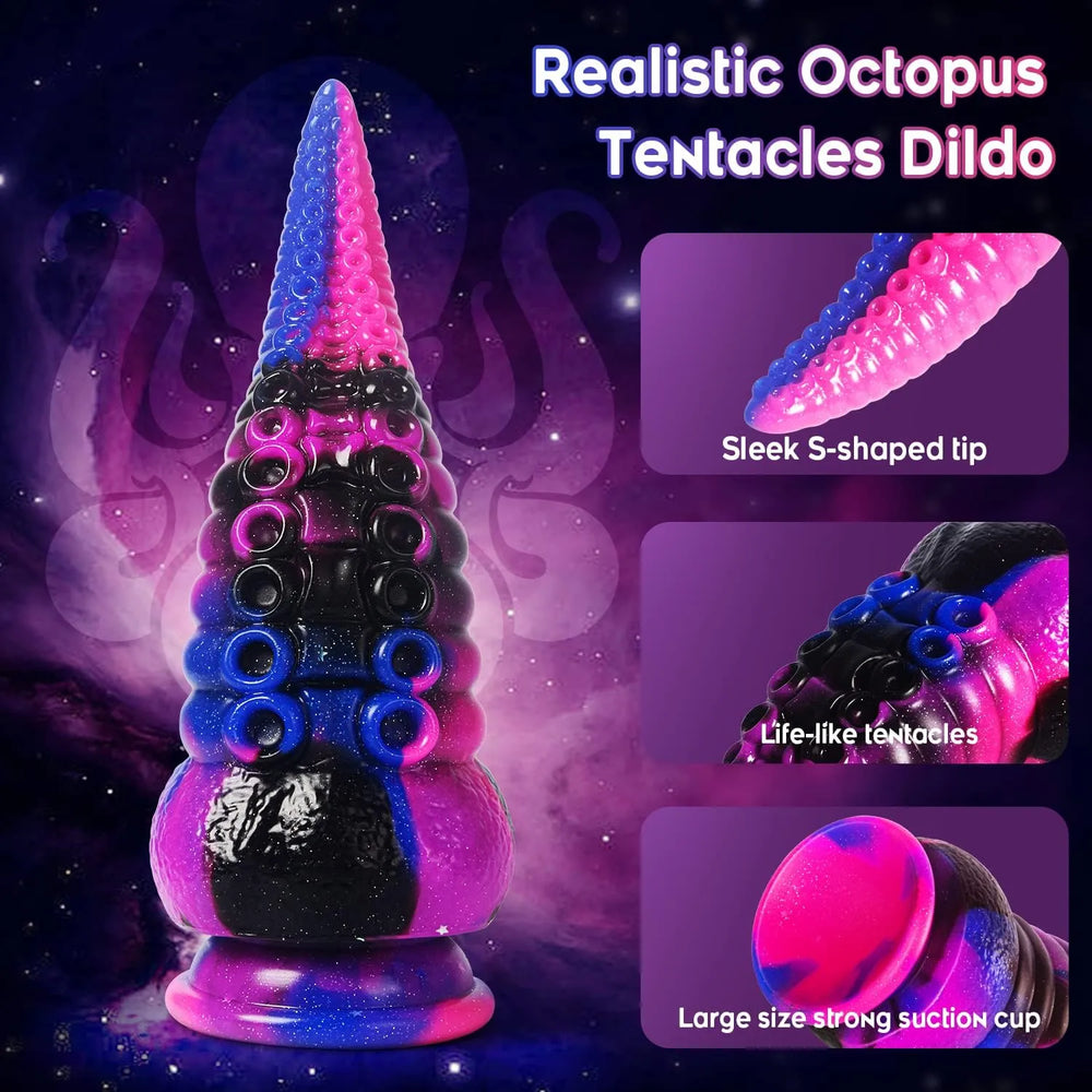 Thick silicone tentacle dildo with a glittery pink, black, and blue finish