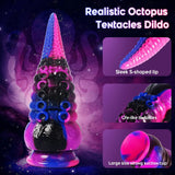 Thick silicone tentacle dildo with a glittery pink, black, and blue finish