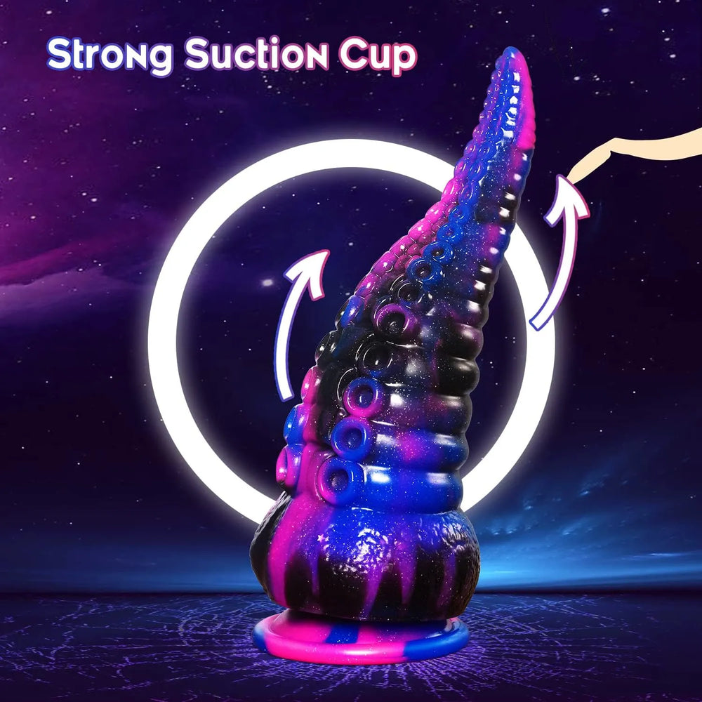 Pink and black fantasy tentacle dildo with blue accents and suction cup details