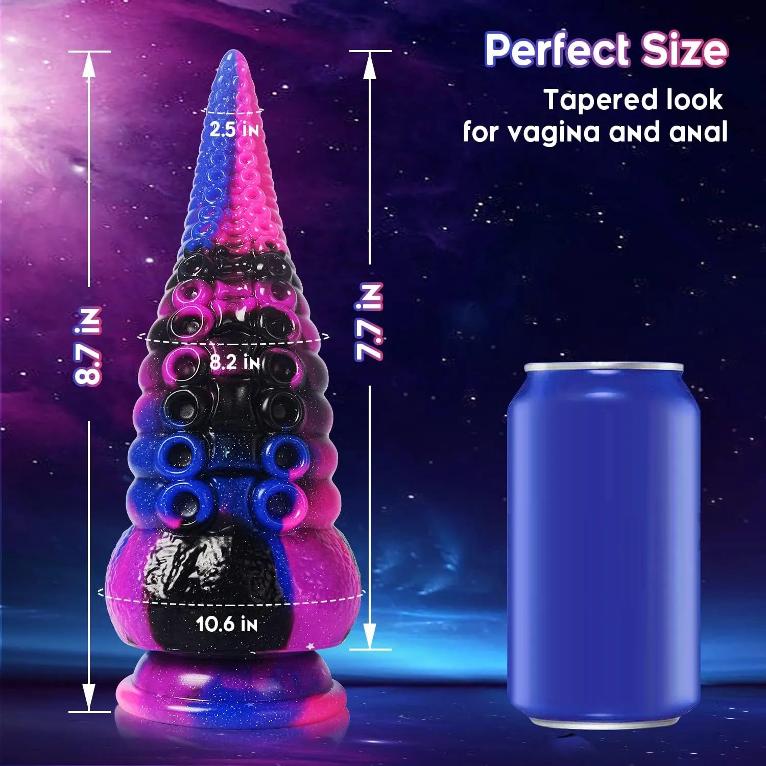 Glossy silicone tentacle dildo in pink, black, and blue shown at an angled view