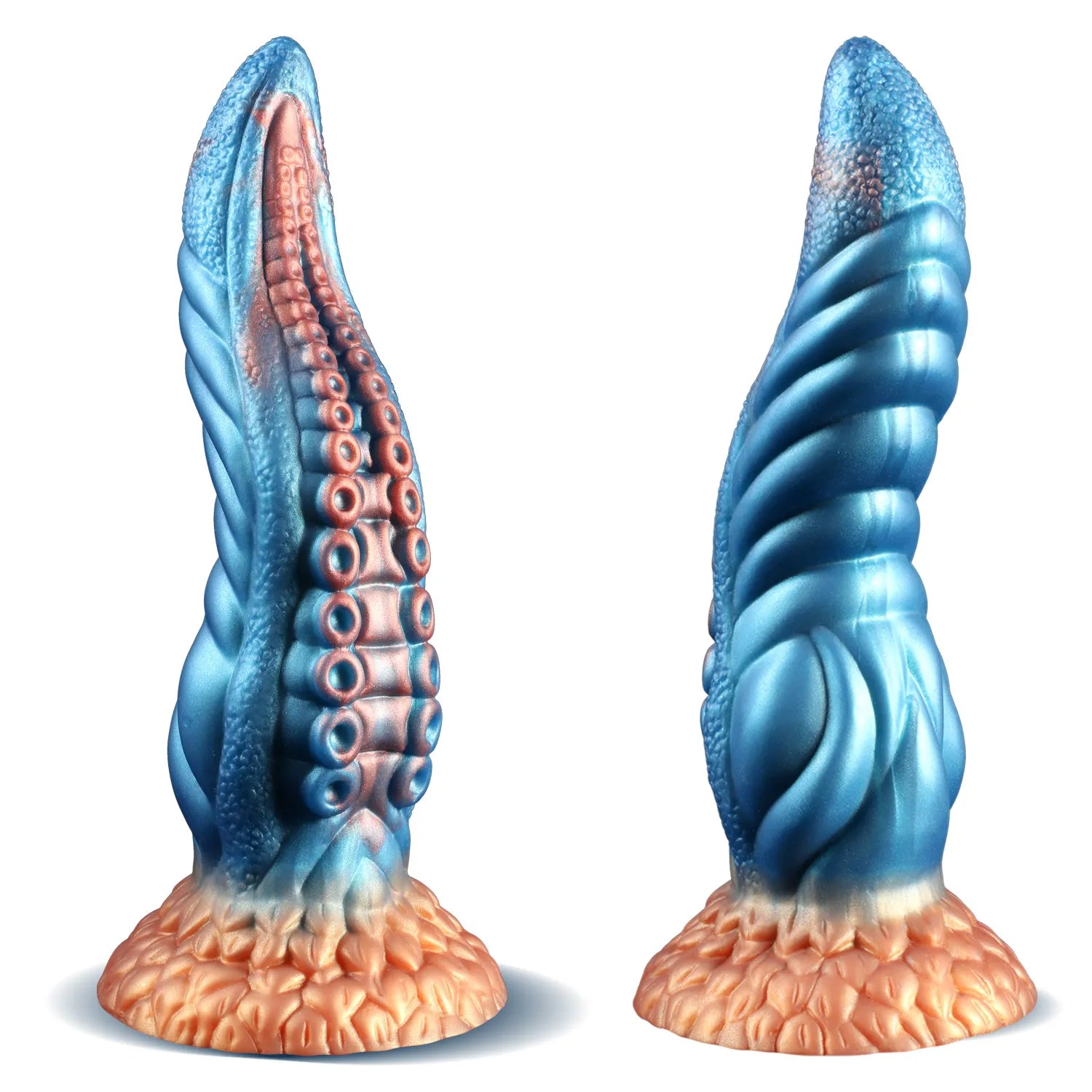 9 inch curved silicone tentacle dildo shown from front and back with blue and peach detailing