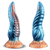 9 inch curved silicone tentacle dildo shown from front and back with blue and peach detailing