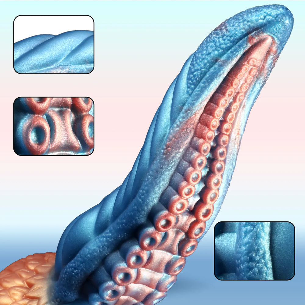Blue and peach silicone tentacle dildo displayed from two product angles