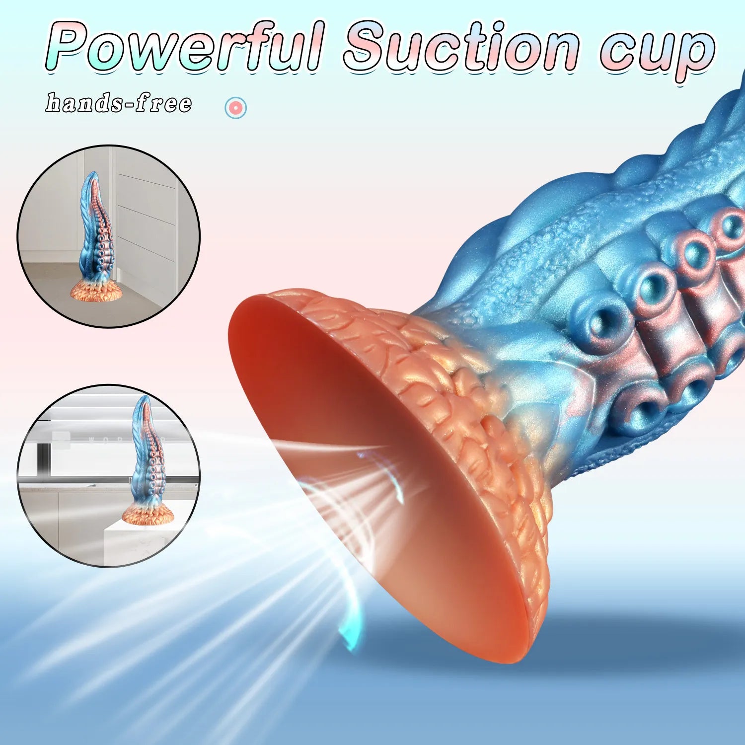 Curved silicone tentacle dildo with blue ridges, peach base, and suction cup texture