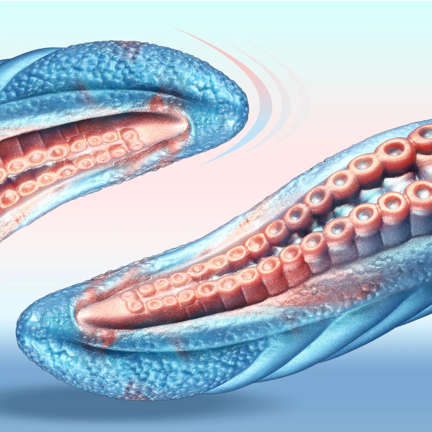 Curved tentacle dildo with raised suction cup details and sculpted blue ridges