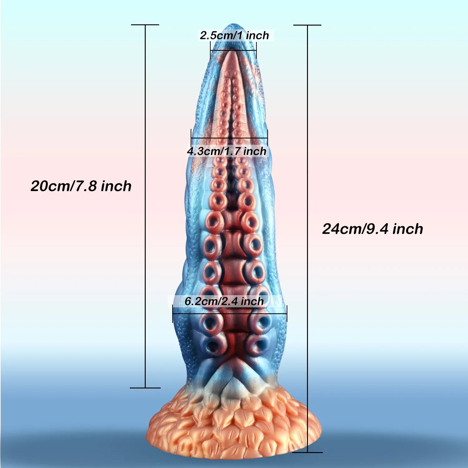9 inch silicone tentacle dildo with fantasy texture and flared peach base