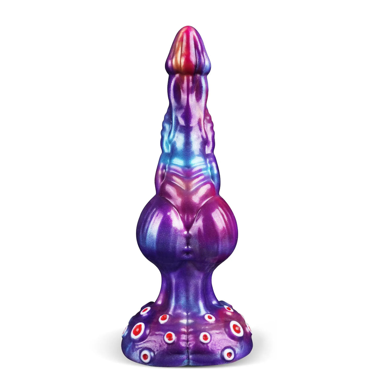 9-inch iridescent purple and blue deep sea alien silicone dildo with a wide patterned base