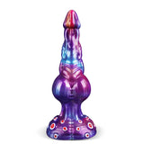 9-inch iridescent purple and blue deep sea alien silicone dildo with a wide patterned base