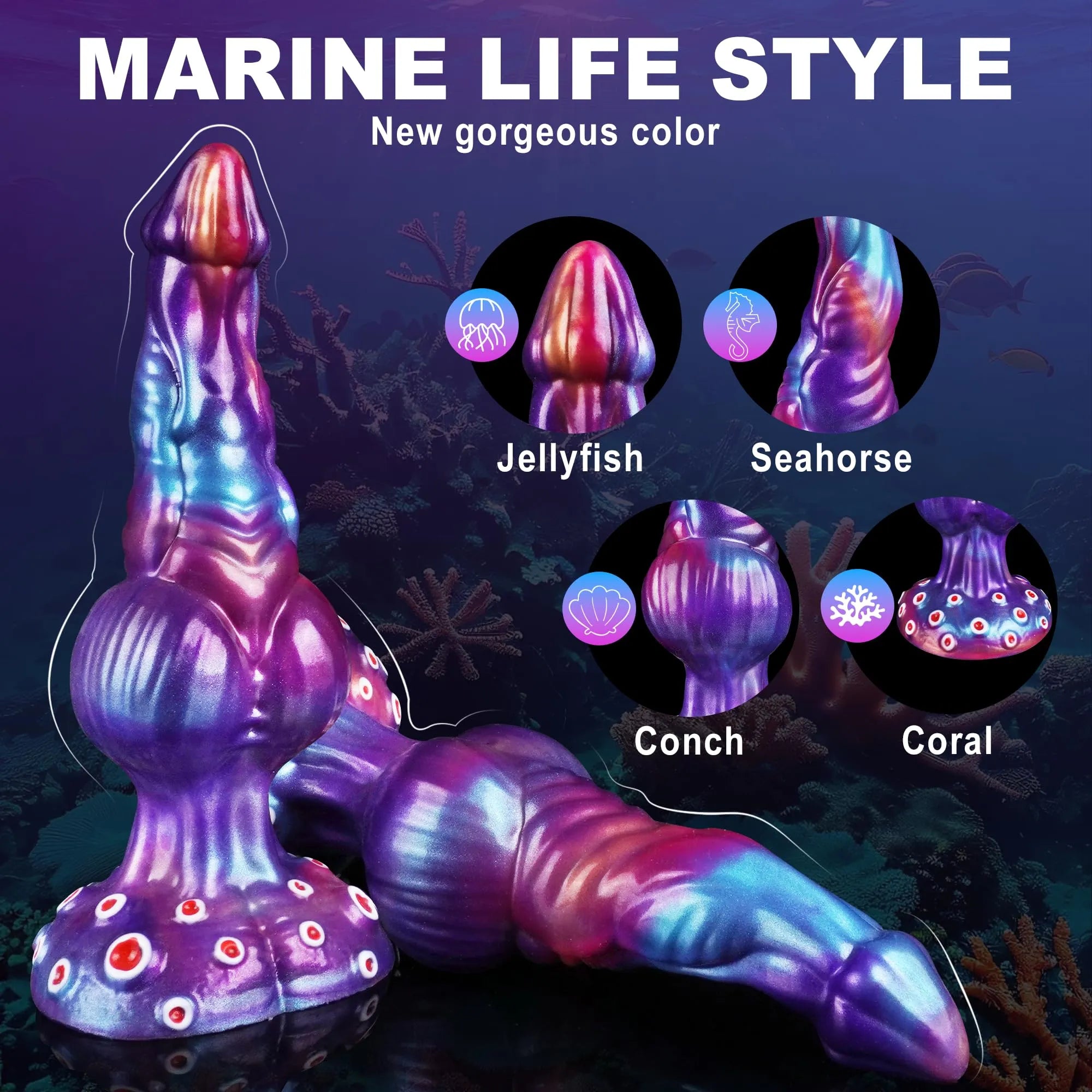 Side profile of the deep sea algae fantasy dildo showing its bulbous knot and textured shaft