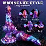 Side profile of the deep sea algae fantasy dildo showing its bulbous knot and textured shaft