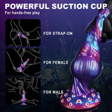 Tapered textured head of the 9-inch silicone alien toy with vibrant pink and purple hues