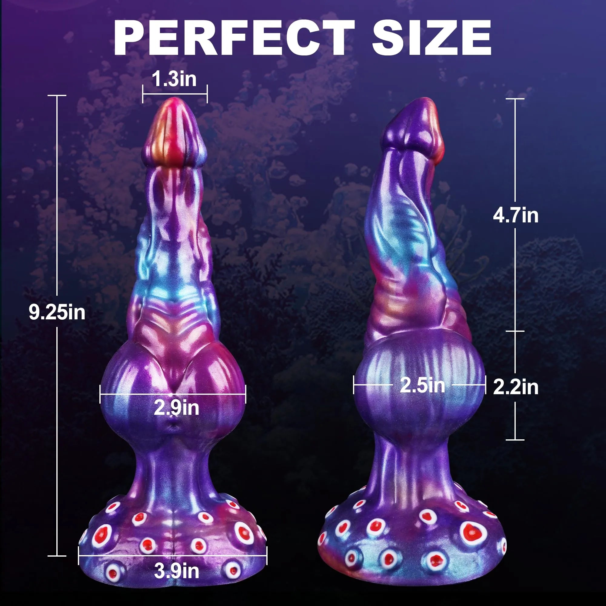 Shimmering pearlescent finish on the flexible silicone deep sea fantasy dildo