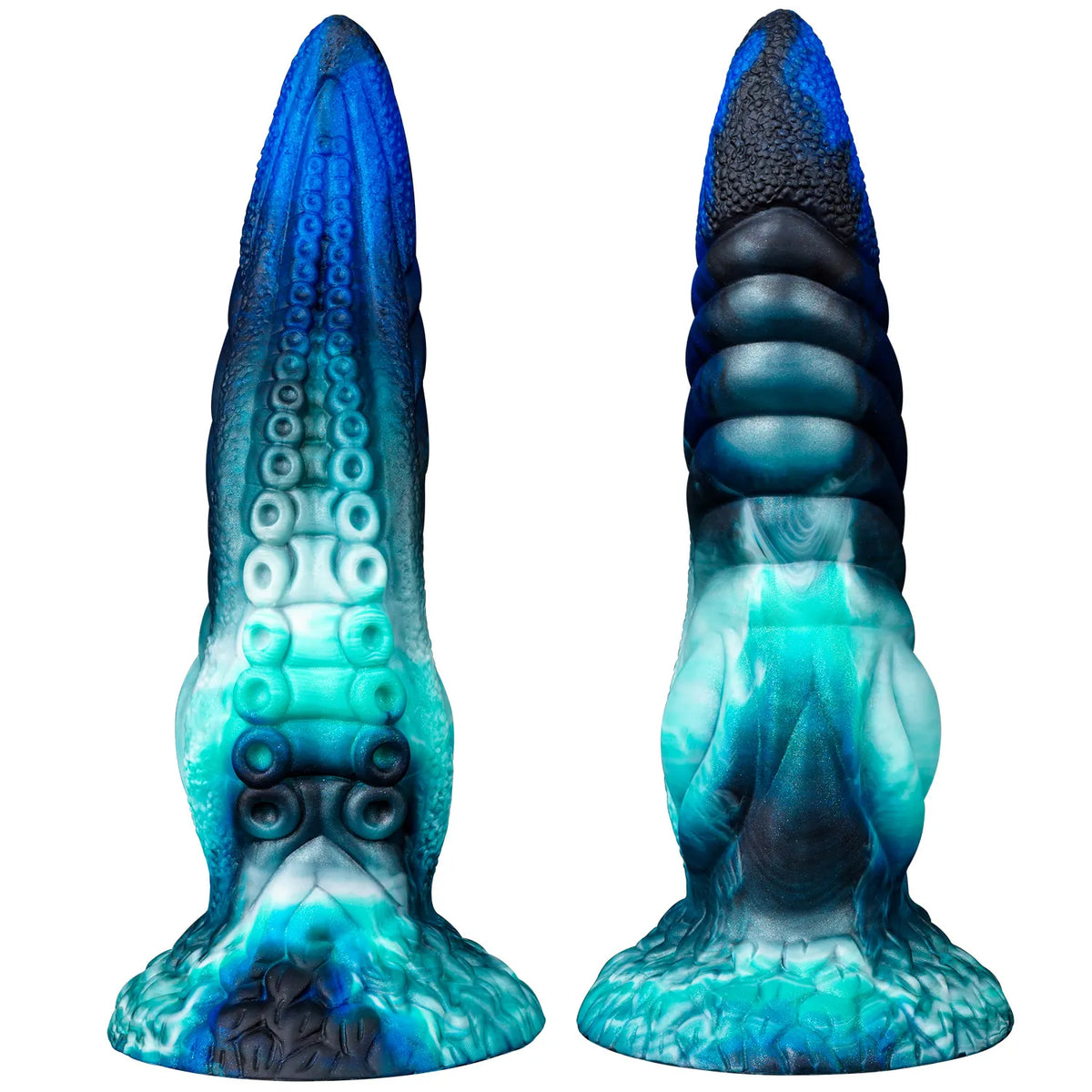 9 inch deep sea octopus silicone tentacle dildo shown from front and back in blue and black tones