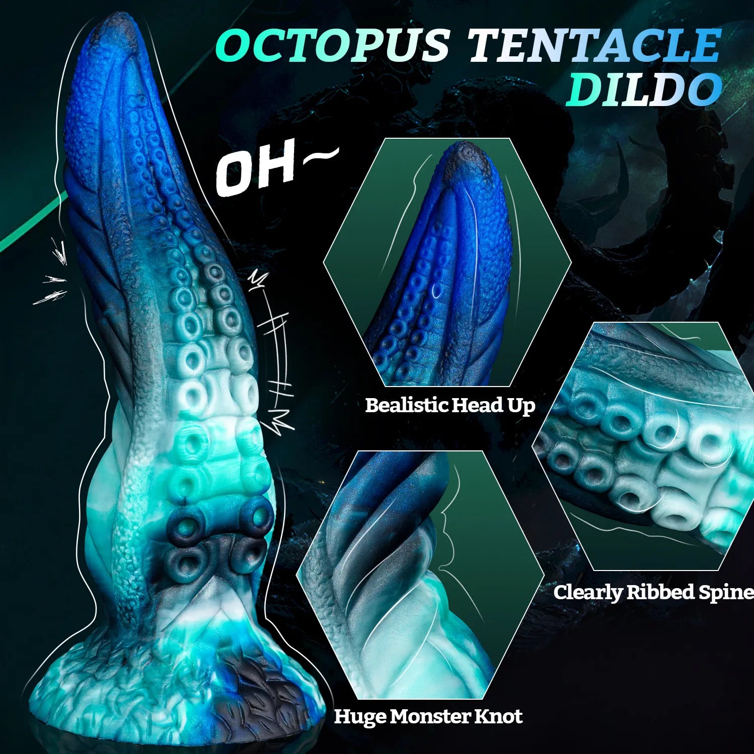 Deep sea octopus tentacle dildo in blue and black silicone with detailed texture